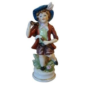 Porcelain Boy with Bag on Stick Figurine Hand Painted Vintage 5.5 Inches Tall